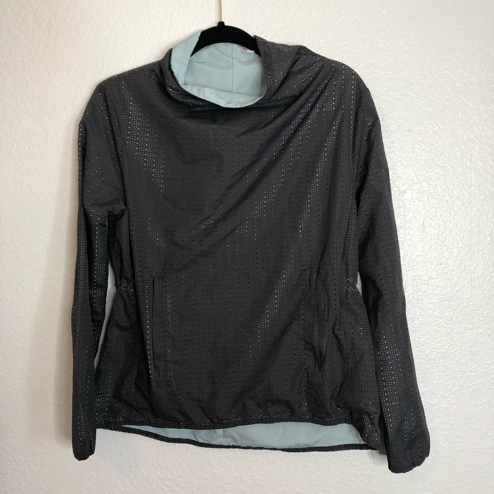 Fabletics Grey and Teal Eyelet Cowl Neck Windbreaker